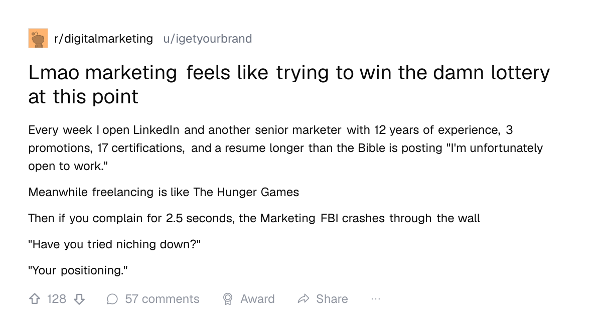 Screenshot of a post in r/digitalmarketing titled "Lmao marketing feels like trying to win the damn lottery at this point" with 128 upvotes