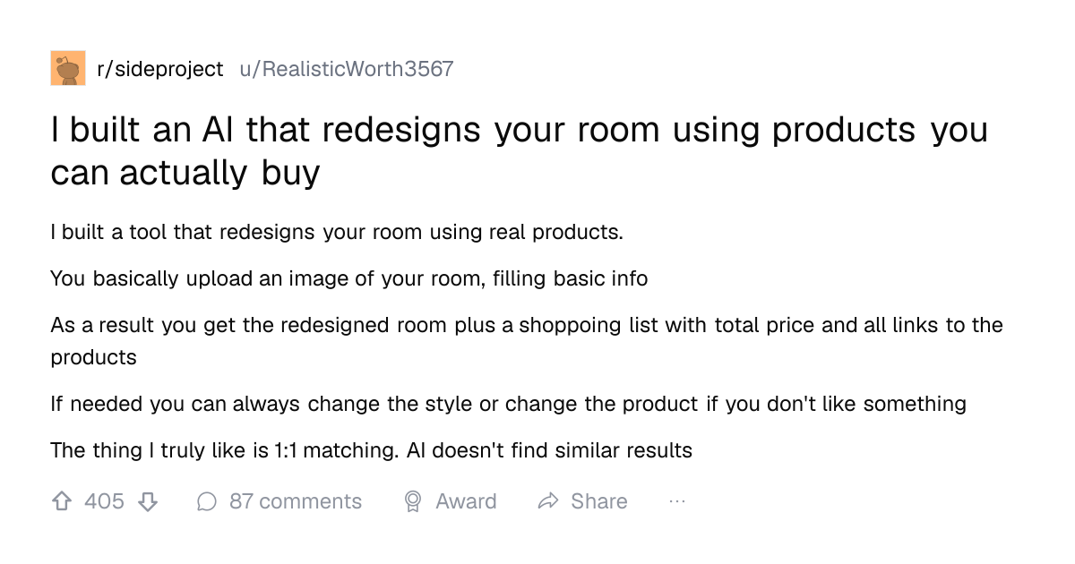 Screenshot of a post in r/sideproject titled "I built an AI that redesigns your room using products you can actually buy" with 405 upvotes