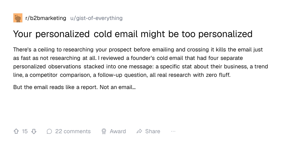 Screenshot of a post in r/b2bmarketing titled "Your personalized cold email might be too personalized" with 15 upvotes