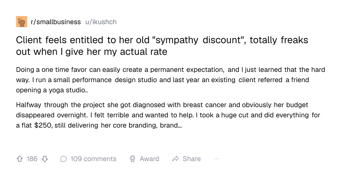 Screenshot of a post in r/smallbusiness titled "Client feels entitled to her old "sympathy discount", totally freaks out when I give her my actual rate" with 186 upvotes
