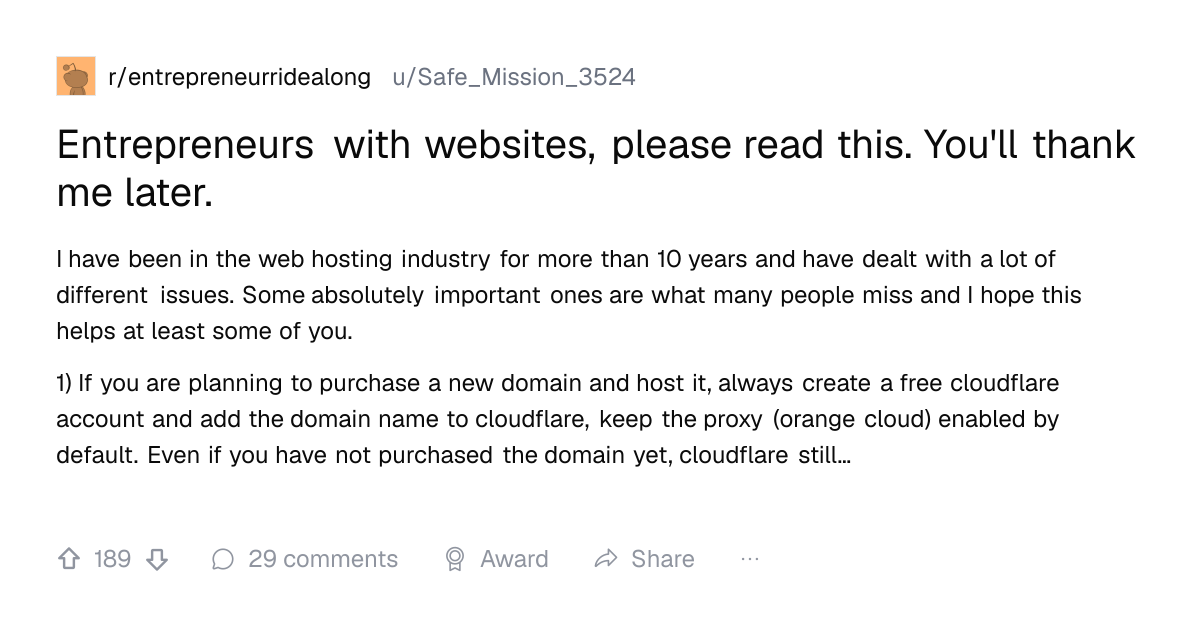 Screenshot of a post in r/entrepreneurridealong titled "Entrepreneurs with websites, please read this. You'll thank me later." with 189 upvotes