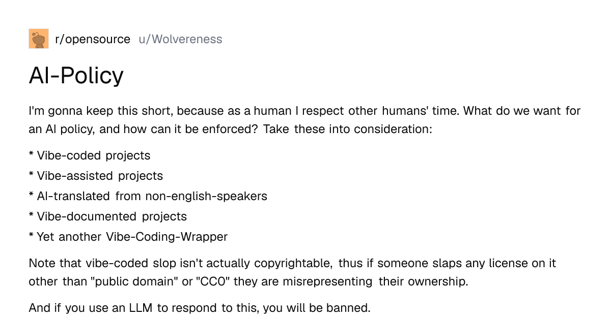 Screenshot of a post in r/opensource titled "AI-Policy" with 272 upvotes