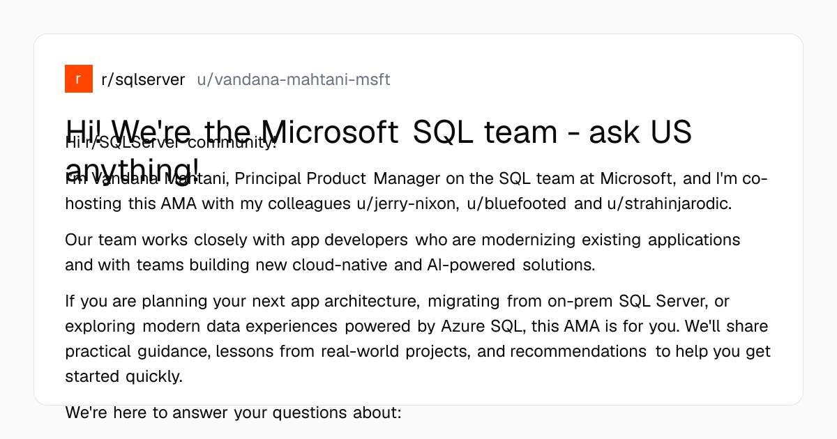 Screenshot of a post in r/sqlserver titled "Hi! We're the Microsoft SQL team - ask US anything!" with 35 upvotes