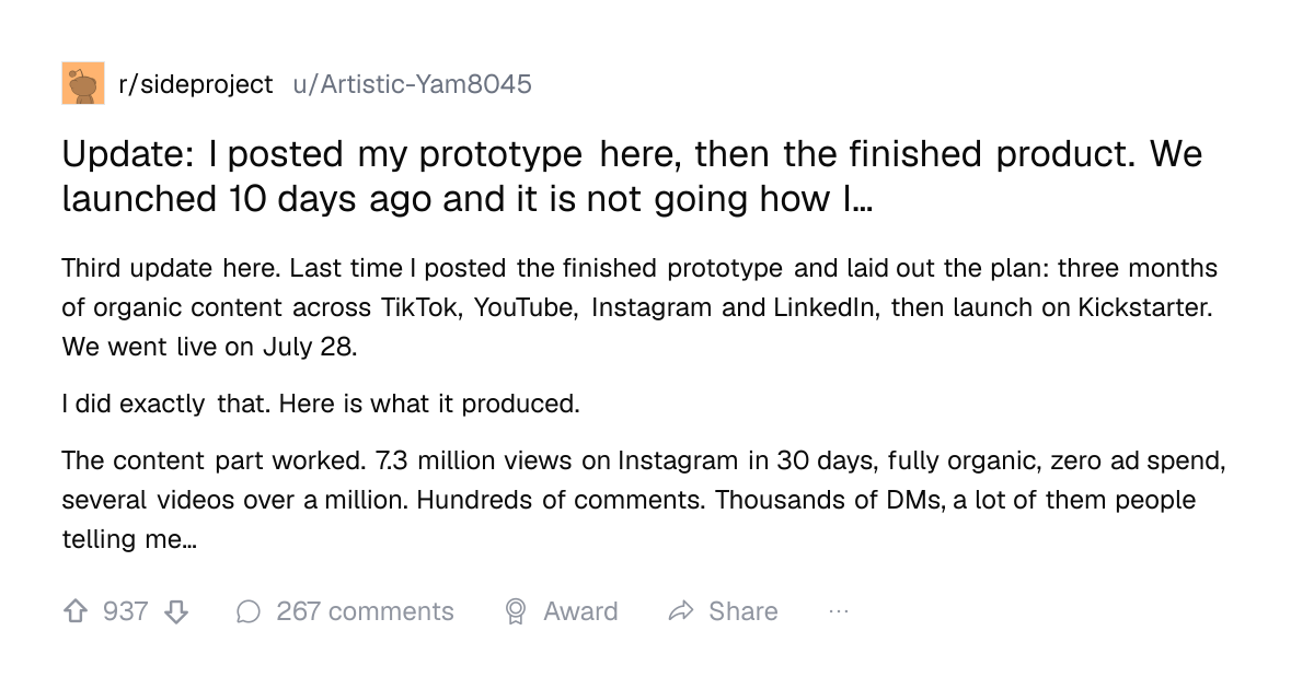 Screenshot of a post in r/sideproject titled "Update: I posted my prototype here, then the finished product. We launched 10 days ago and it is not going how I…" with 937 upvotes