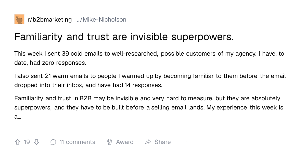 Screenshot of a post in r/b2bmarketing titled "Familiarity and trust are invisible superpowers." with 19 upvotes