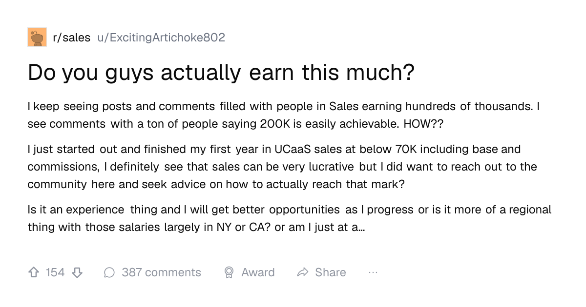 Screenshot of a post in r/sales titled "Do you guys actually earn this much?" with 154 upvotes