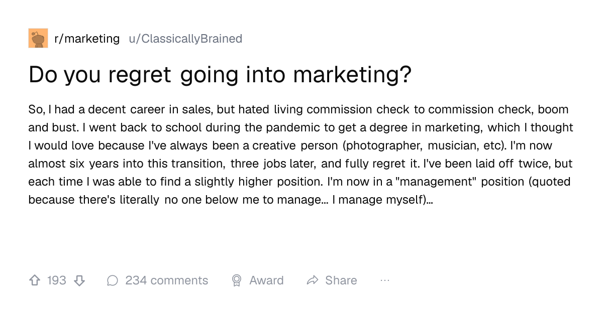 Screenshot of a post in r/marketing titled "Do you regret going into marketing?" with 193 upvotes