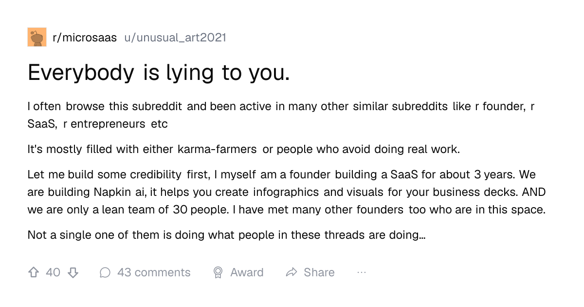 Screenshot of a post in r/microsaas titled "Everybody is lying to you." with 40 upvotes