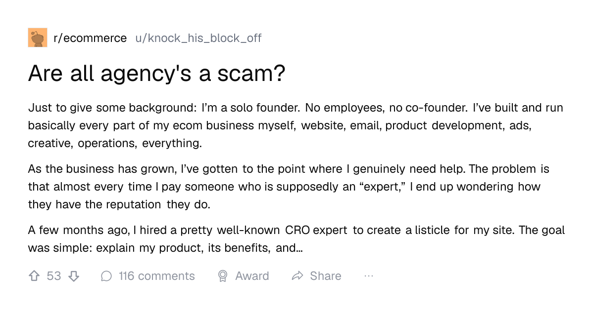 Screenshot of a post in r/ecommerce titled "Are all agency's a scam?" with 53 upvotes