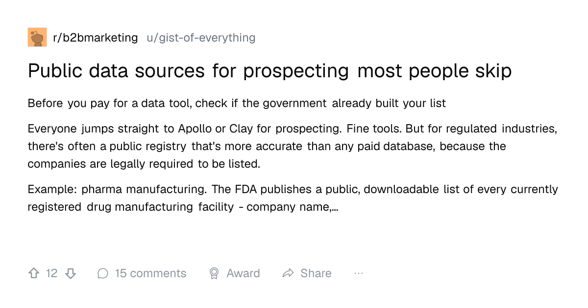 Screenshot of a post in r/b2bmarketing titled "Public data sources for prospecting most people skip" with 12 upvotes