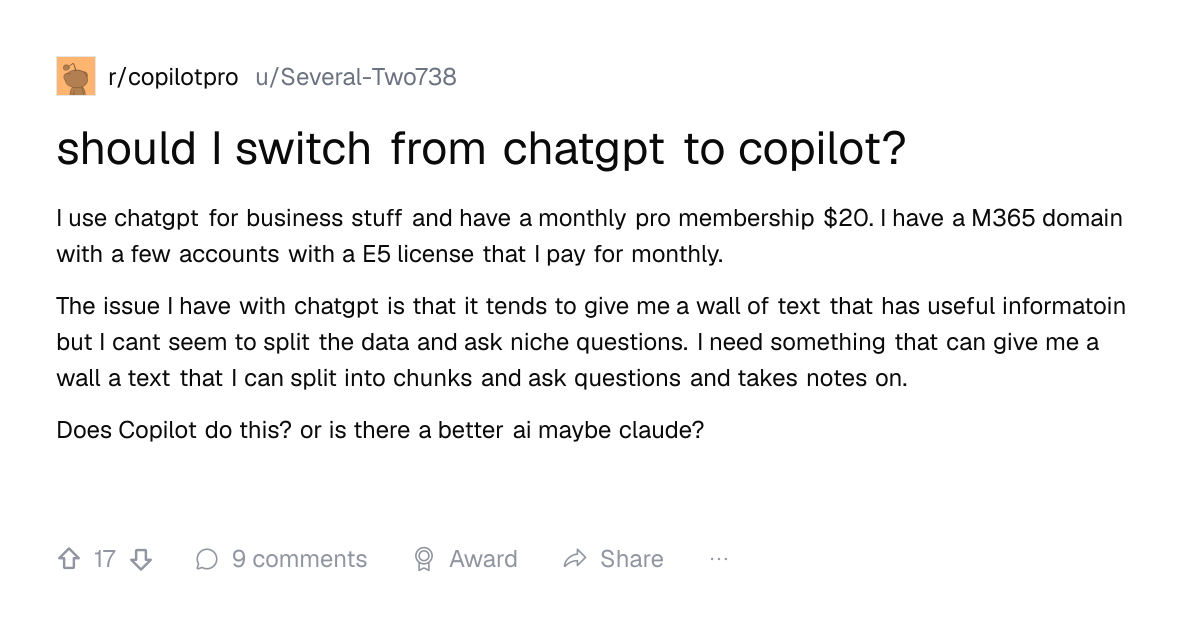 Screenshot of a post in r/copilotpro titled "should I switch from chatgpt to copilot?" with 17 upvotes