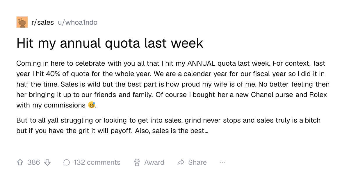 Screenshot of a post in r/sales titled "Hit my annual quota last week" with 386 upvotes