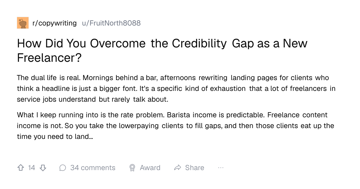Screenshot of a post in r/copywriting titled "How Did You Overcome the Credibility Gap as a New Freelancer?" with 14 upvotes
