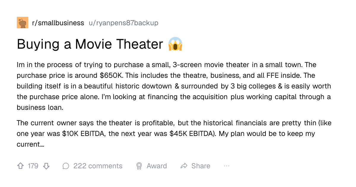 Screenshot of a post in r/smallbusiness titled "Buying a Movie Theater 😱" with 179 upvotes