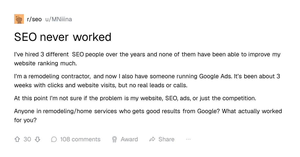Screenshot of a post in r/seo titled "SEO never worked" with 30 upvotes