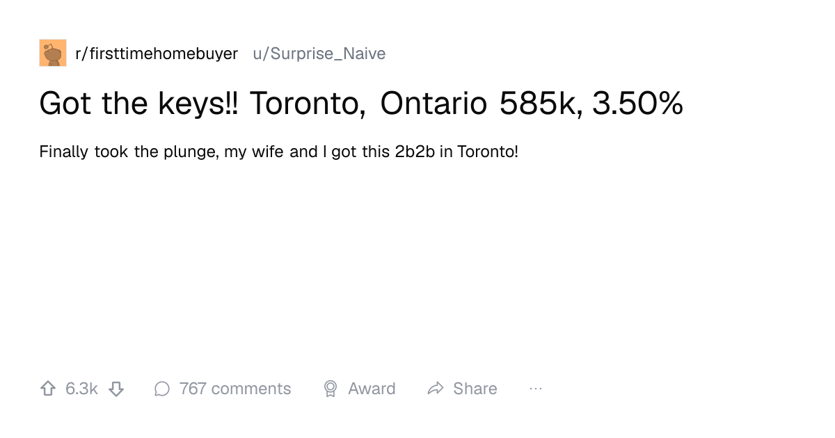 Screenshot of a post in r/firsttimehomebuyer titled "Got the keys!! Toronto, Ontario 585k, 3.50%" with 6.3k upvotes