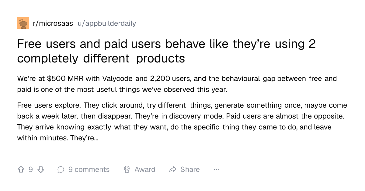 Screenshot of a post in r/microsaas titled "Free users and paid users behave like they’re using 2 completely different products" with 9 upvotes