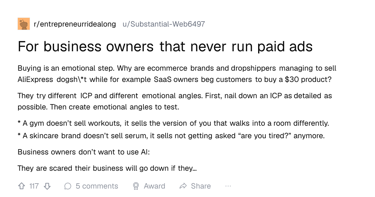 Screenshot of a post in r/entrepreneurridealong titled "For business owners that never run paid ads" with 117 upvotes