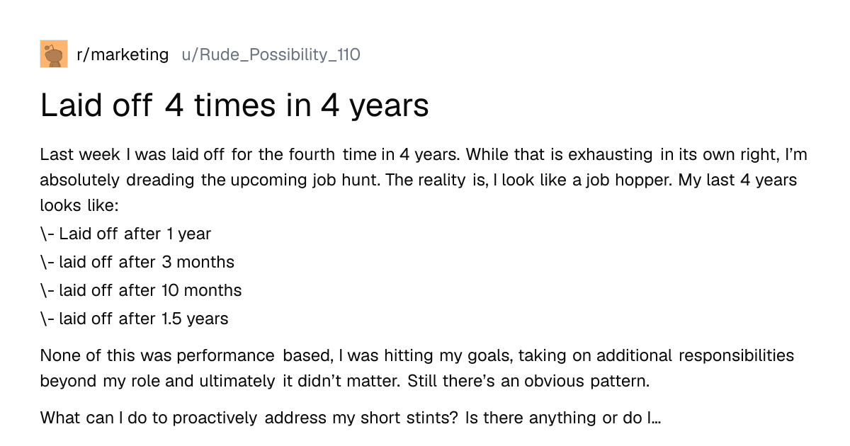 Screenshot of a post in r/marketing titled "Laid off 4 times in 4 years" with 116 upvotes
