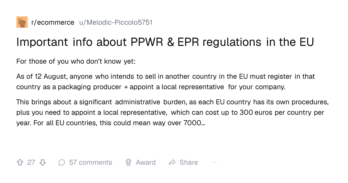 Screenshot of a post in r/ecommerce titled "Important info about PPWR & EPR regulations in the EU" with 27 upvotes