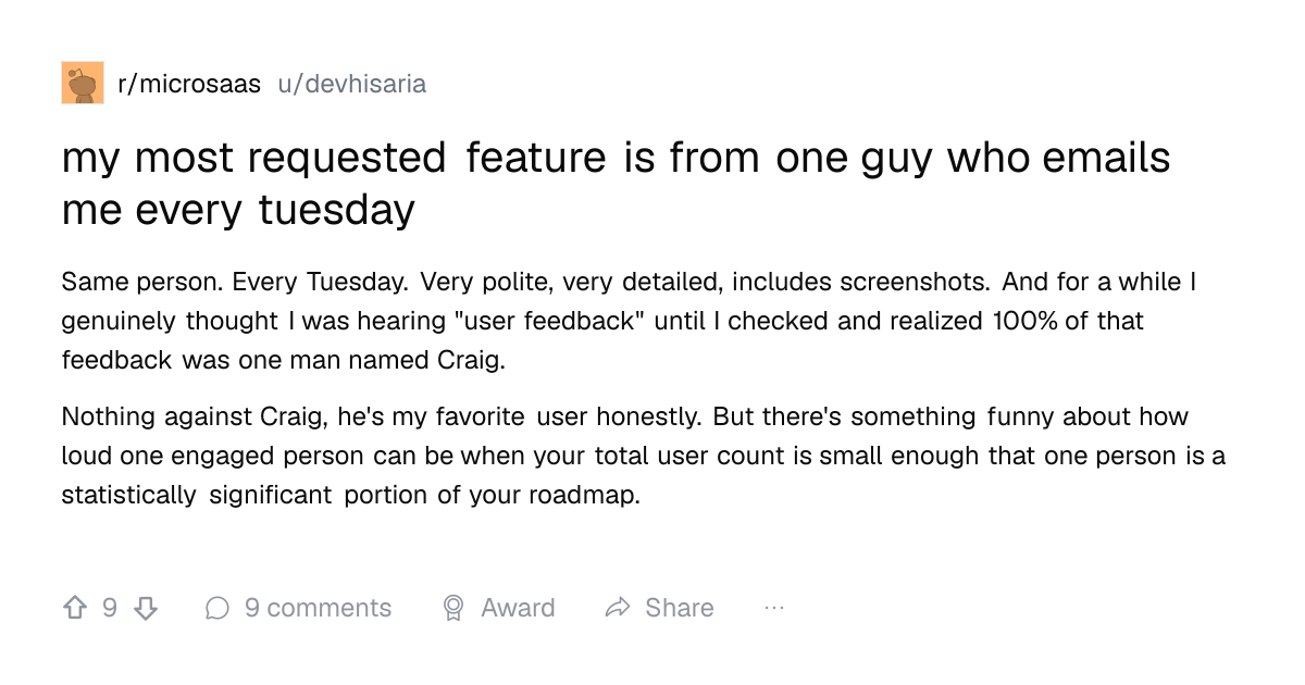 Screenshot of a post in r/microsaas titled "my most requested feature is from one guy who emails me every tuesday" with 9 upvotes