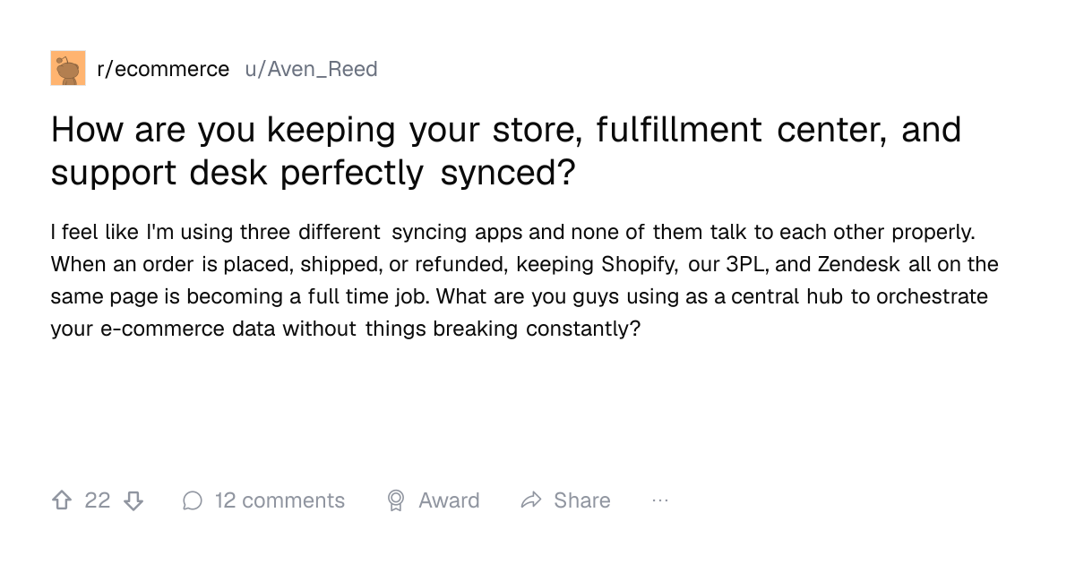 Screenshot of a post in r/ecommerce titled "How are you keeping your store, fulfillment center, and support desk perfectly synced?" with 22 upvotes