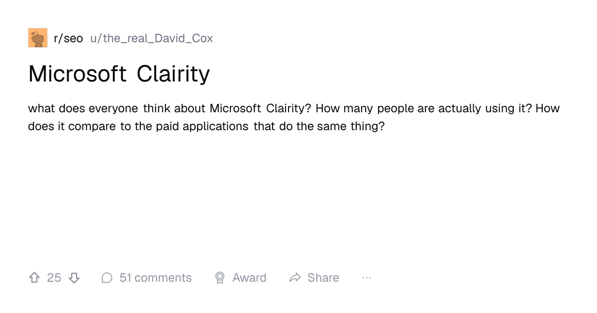 Screenshot of a post in r/seo titled "Microsoft Clairity" with 25 upvotes