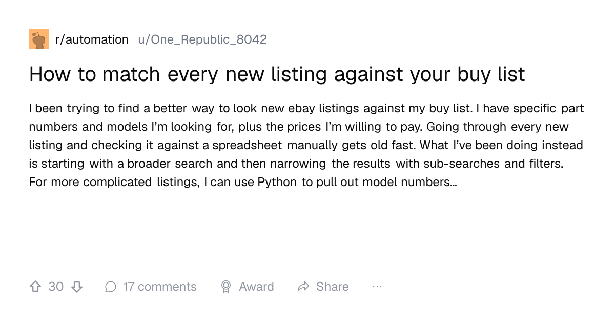 Screenshot of a post in r/automation titled "How to match every new listing against your buy list" with 30 upvotes