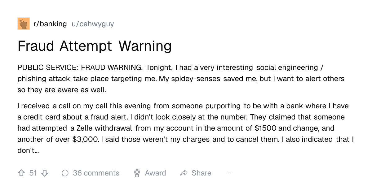 Screenshot of a post in r/banking titled "Fraud Attempt Warning" with 51 upvotes