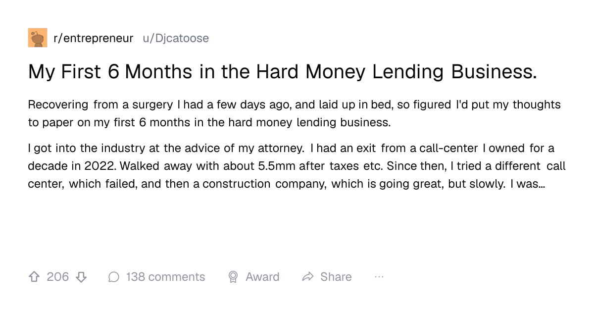 Screenshot of a post in r/entrepreneur titled "My First 6 Months in the Hard Money Lending Business." with 206 upvotes
