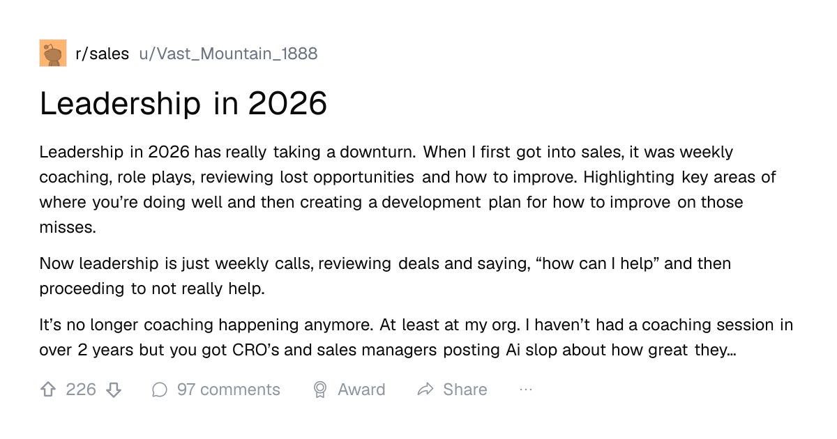 Screenshot of a post in r/sales titled "Leadership in 2026" with 226 upvotes