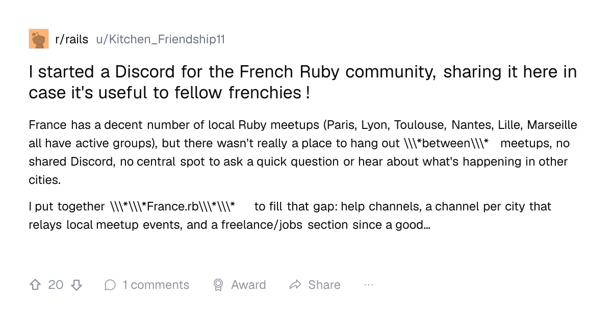 Screenshot of a post in r/rails titled "I started a Discord for the French Ruby community, sharing it here in case it's useful to fellow frenchies !" with 20 upvotes