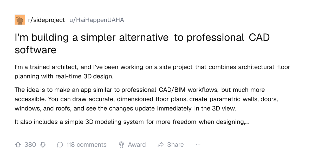 Screenshot of a post in r/sideproject titled "I’m building a simpler alternative to professional CAD software" with 380 upvotes