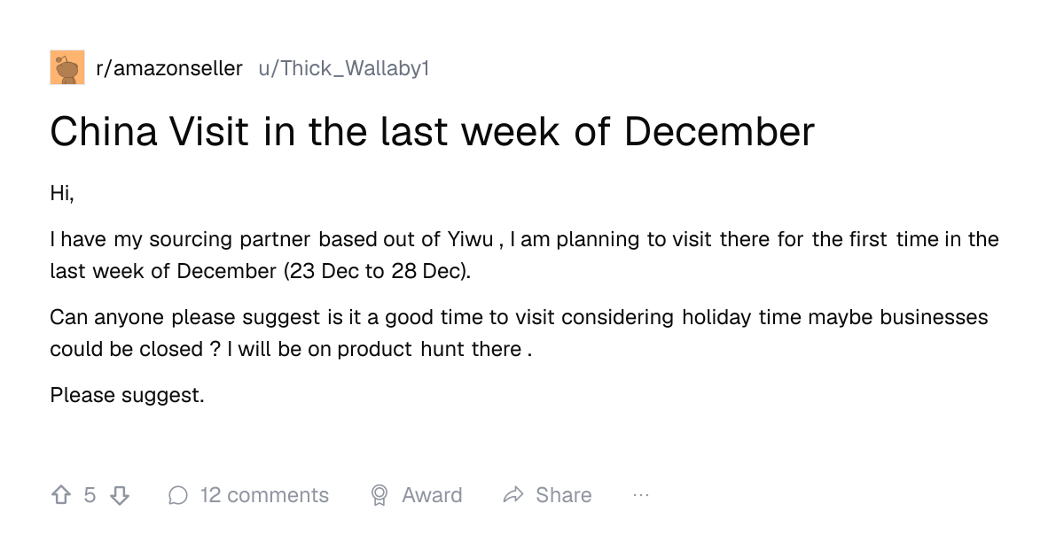 Screenshot of a post in r/amazonseller titled "China Visit in the last week of December" with 5 upvotes