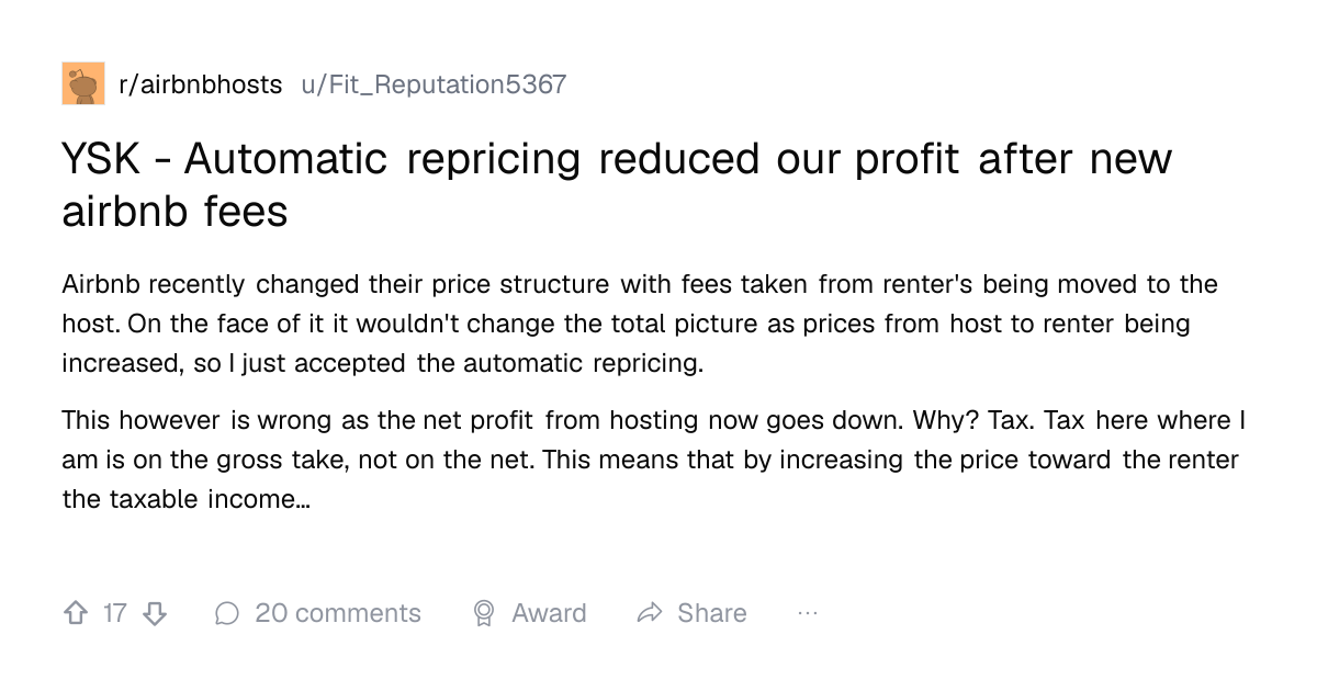 Screenshot of a post in r/airbnbhosts titled "YSK - Automatic repricing reduced our profit after new airbnb fees" with 17 upvotes