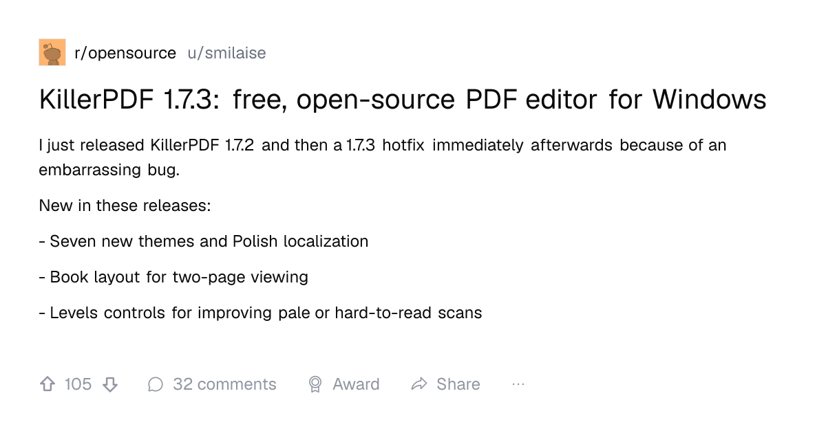 Screenshot of a post in r/opensource titled "KillerPDF 1.7.3: free, open-source PDF editor for Windows" with 105 upvotes