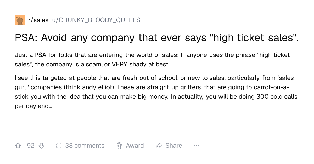 Screenshot of a post in r/sales titled "PSA: Avoid any company that ever says "high ticket sales"." with 192 upvotes