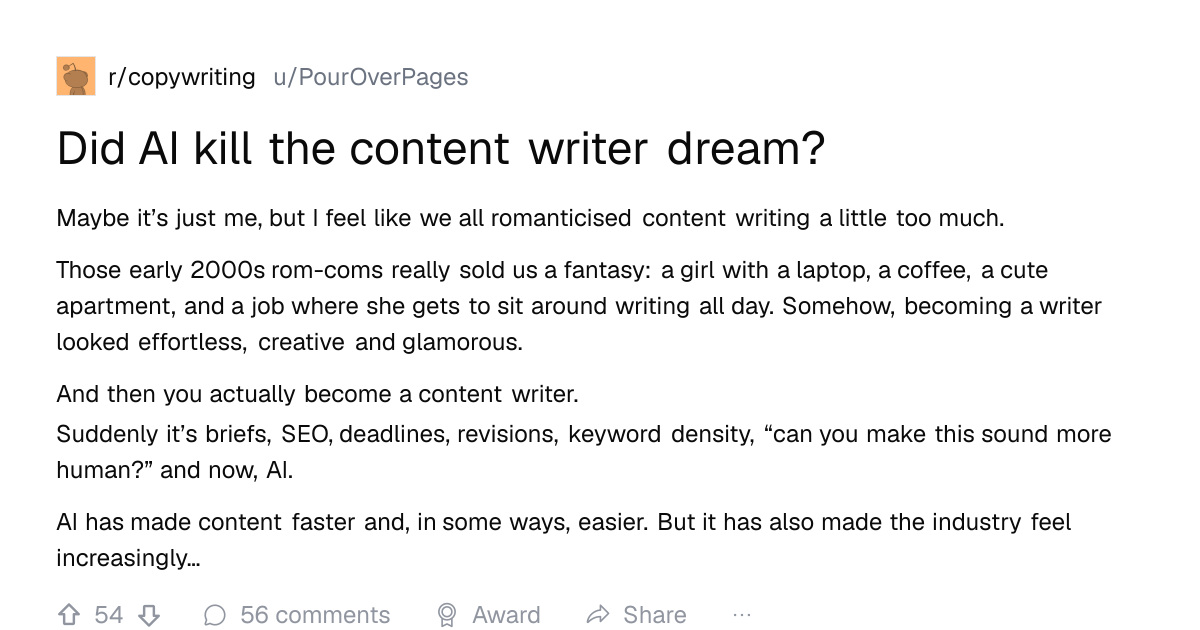 Screenshot of a post in r/copywriting titled "Did AI kill the content writer dream?" with 54 upvotes