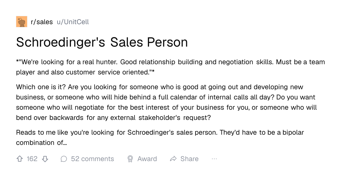 Screenshot of a post in r/sales titled "Schroedinger's Sales Person" with 162 upvotes