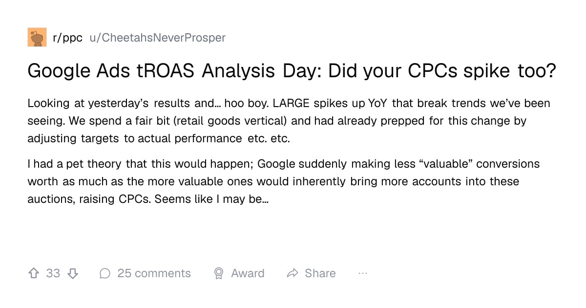 Screenshot of a post in r/ppc titled "Google Ads tROAS Analysis Day: Did your CPCs spike too?" with 33 upvotes