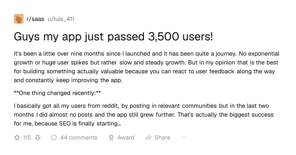 Screenshot of a post in r/saas titled "Guys my app just passed 3,500 users!" with 115 upvotes