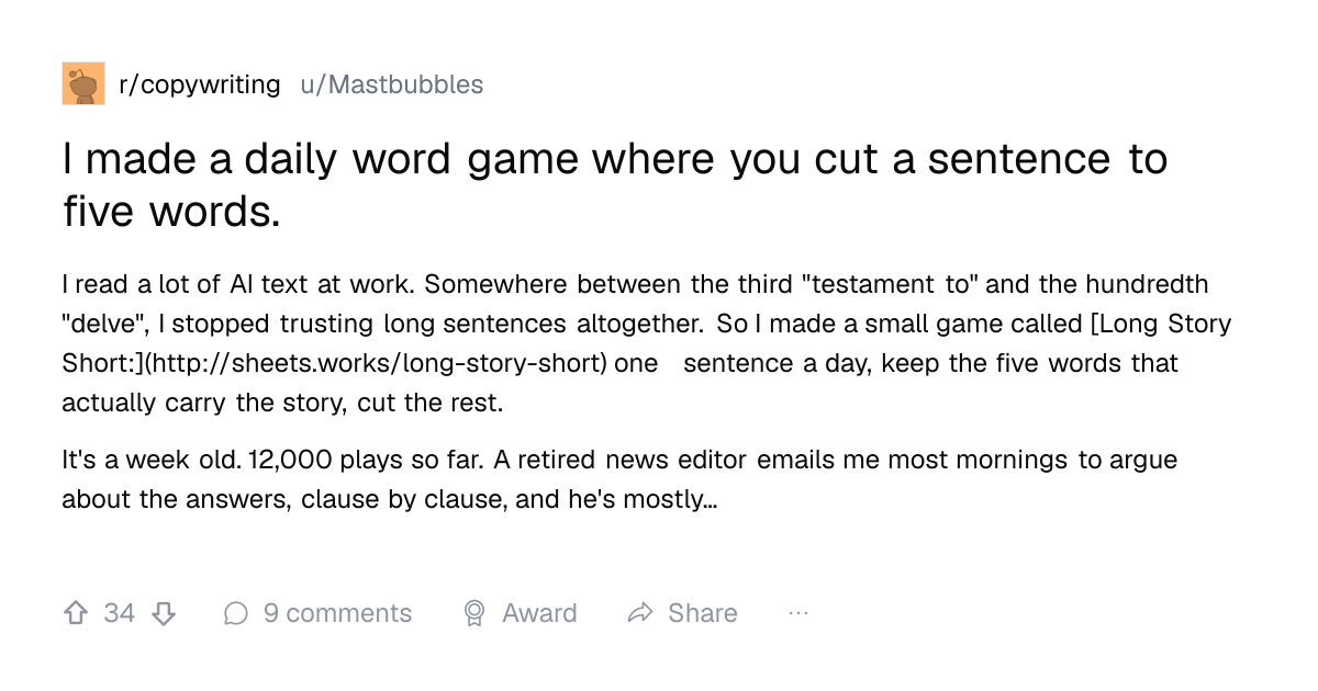 Screenshot of a post in r/copywriting titled "I made a daily word game where you cut a sentence to five words." with 34 upvotes