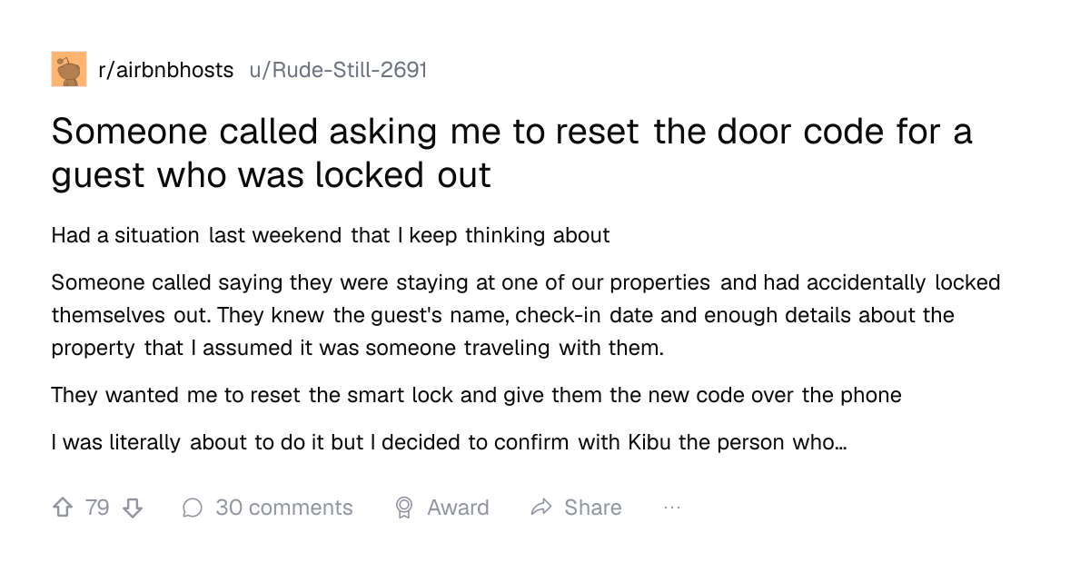 Screenshot of a post in r/airbnbhosts titled "Someone called asking me to reset the door code for a guest who was locked out" with 79 upvotes