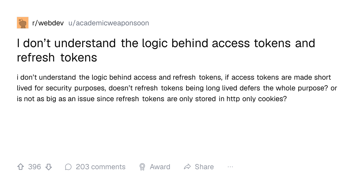 Screenshot of a post in r/webdev titled "I don’t understand the logic behind access tokens and refresh tokens" with 396 upvotes