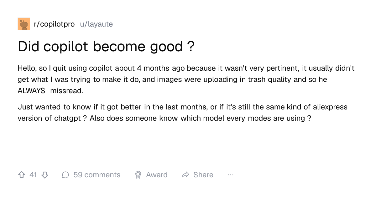 Screenshot of a post in r/copilotpro titled "Did copilot become good ?" with 40 upvotes