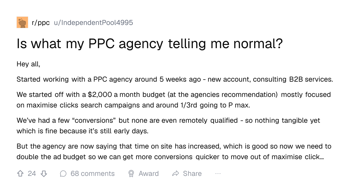 Screenshot of a post in r/ppc titled "Is what my PPC agency telling me normal?" with 24 upvotes
