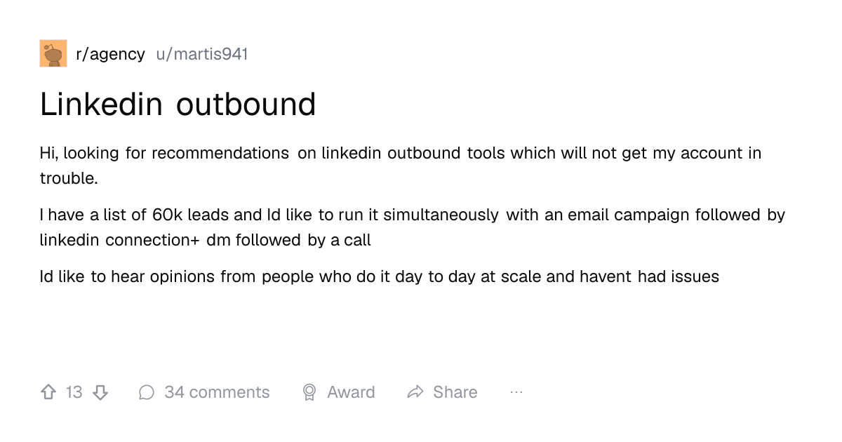 Screenshot of a post in r/agency titled "Linkedin outbound" with 13 upvotes