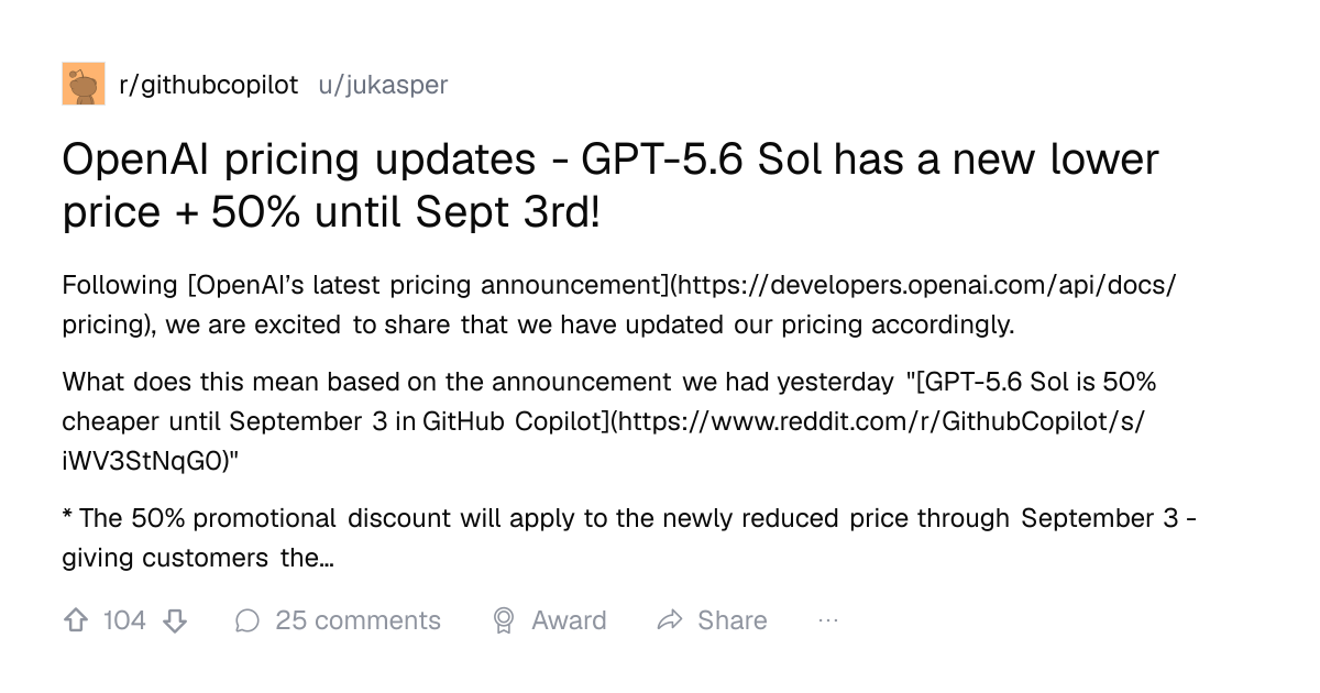 Screenshot of a post in r/githubcopilot titled "OpenAI pricing updates - GPT-5.6 Sol has a new lower price + 50% until Sept 3rd!" with 104 upvotes