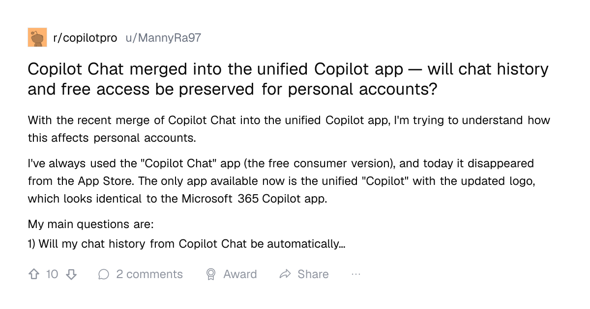 Screenshot of a post in r/copilotpro titled "Copilot Chat merged into the unified Copilot app — will chat history and free access be preserved for personal accounts?" with 10 upvotes