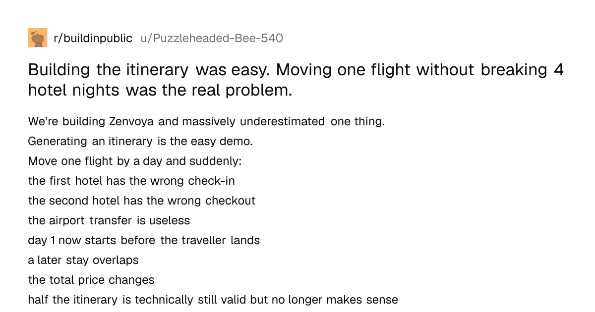 Screenshot of a post in r/buildinpublic titled "Building the itinerary was easy. Moving one flight without breaking 4 hotel nights was the real problem." with 9 upvotes